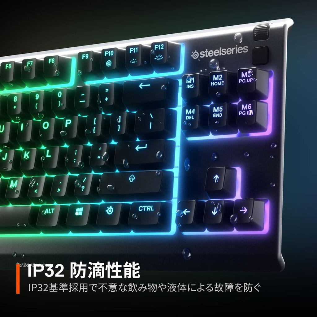 SteelSeries Gaming Keyboard Tenkeyless Wired Apex 3 TKL Japanese Layout Silent Switch IP32 Splashproof Supports 24 Keys Simultaneously Pressing Black