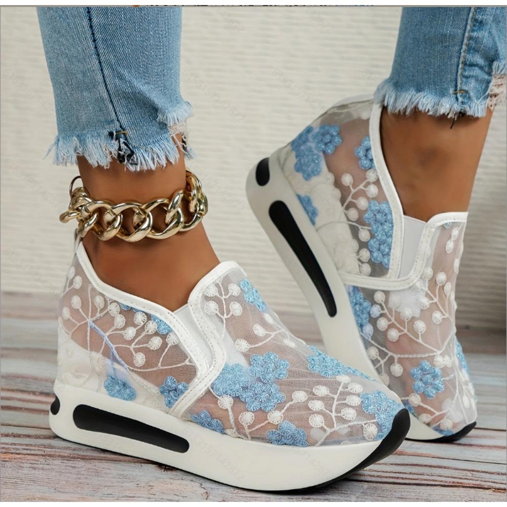 Весенние кружевные сетчатые повседневные женские туфли с цветочным принтом, массивные кроссовки увеличенной высоты