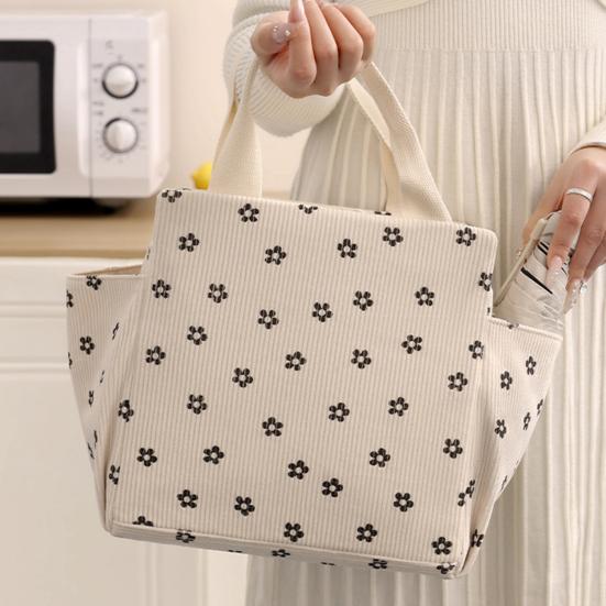 Corduroy Lunch Bag with Handle Waterproof Large Capacity Reusable Insulated Lunch Box Water Bottle Holder with Side Pockets