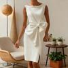 Женское приталенное платье без рукавов с драпировкой, бантом и разрезом сбоку, миди-платье, женское официальное коктейльное платье, платье для работы