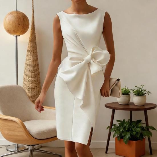 Женское приталенное платье без рукавов с драпировкой, бантом и разрезом сбоку, миди-платье, женское официальное коктейльное платье, платье для работы