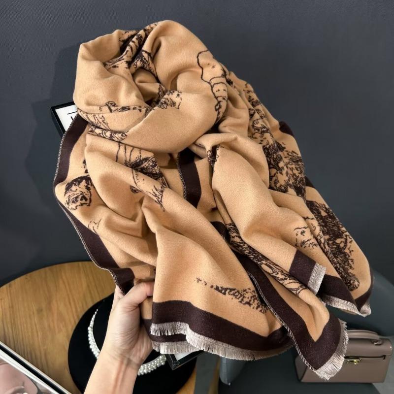 Winter Chinese Style New Retro Double-sided Printed Imitation Cashmere Scarf for Women, Thickened and Warm Versatile Shawl Wrap