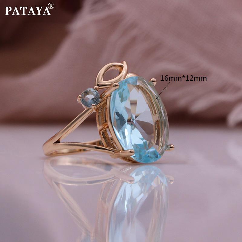 PATAYA Комплект из сережек и колец с искусственным цирконом цвета розового золота с микрозакрепкой цвета аквамарина