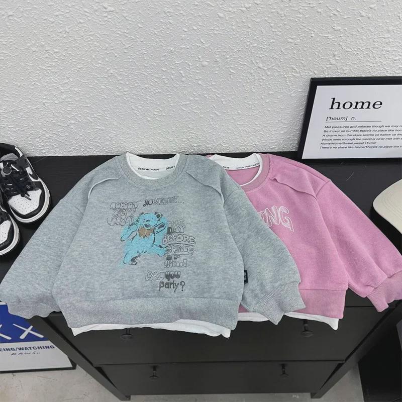 2024 Autumn Korean-Style Kids' Letter Print Spliced Sweatshirt - Casual Two-Piece Look for Boys & Girls