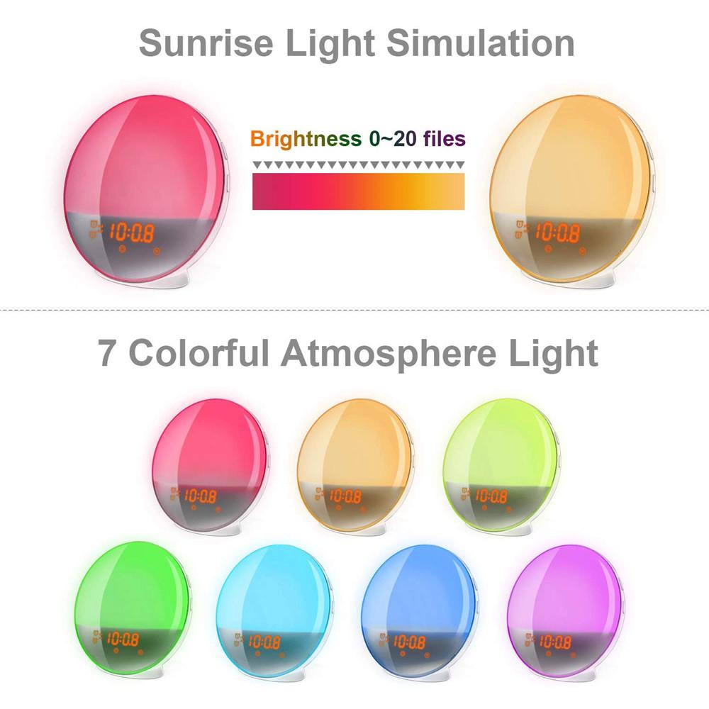 Multifunctional Sunrise Alarm Clock Wake Up Light 7 Sounds FM Radio Sleep Aid