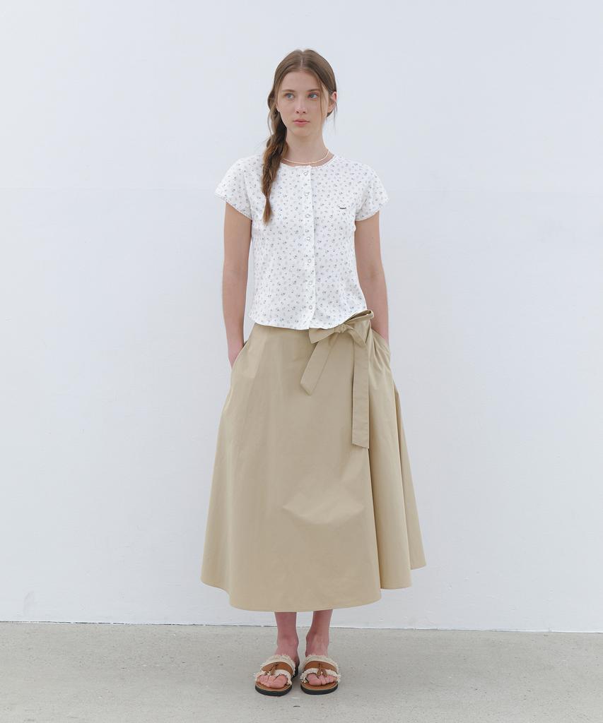 Cluny Wide Tie Flare Long Skirt - Beige