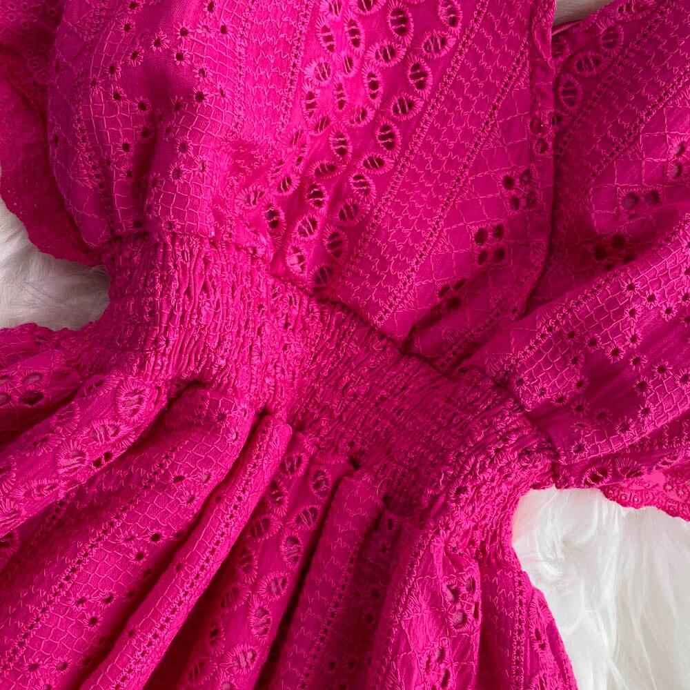 Summer Korean Hollowed-out Deep V-neck Waistband Show Thin Ruffle Sleeve A-line Seaside Holiday Beach Dress Vestidos