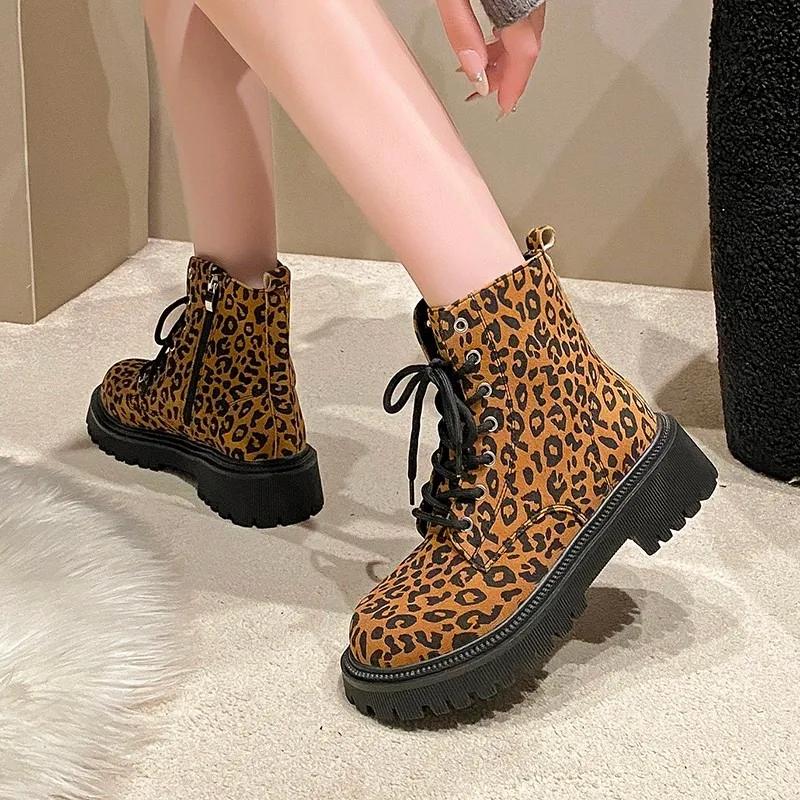 Fashion European American Leopard Print Short Boots 2024 Autumn Winter British Style Thick Soled Short Tube Motorcycle Boots for Women