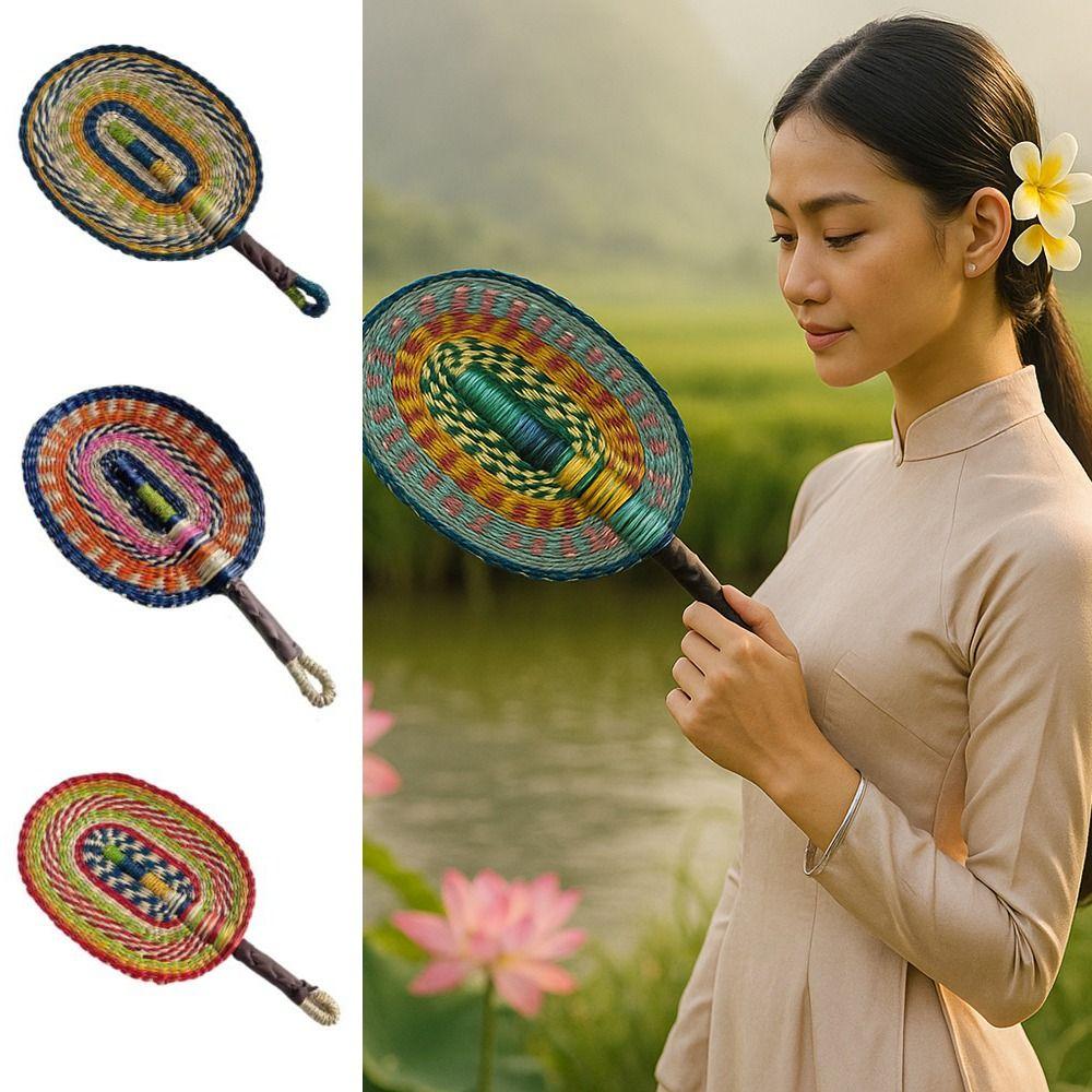 Vintage Seagrass Woven Fan Colorful Striped Patterns Cattail Fan Summer Cooling Fan Photo Prop