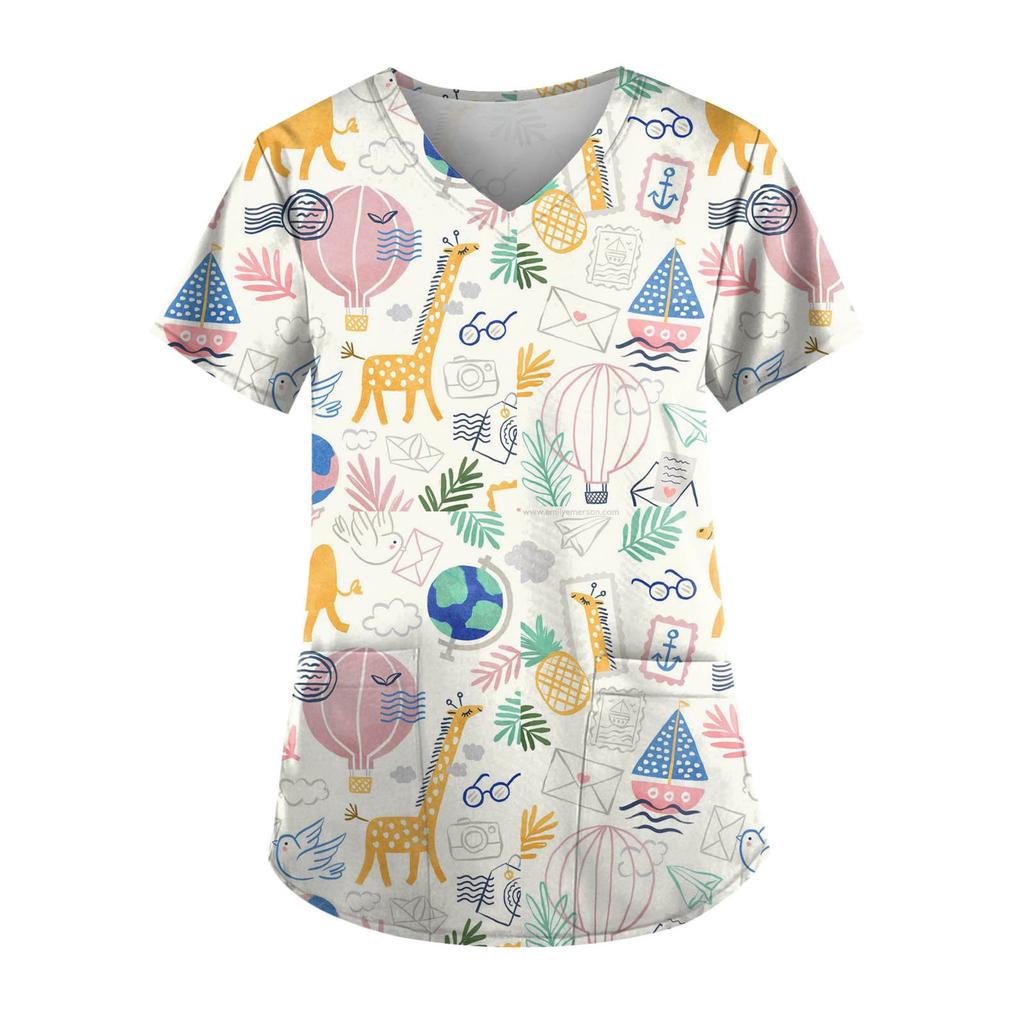 Женский топ с карманами и карманами с короткими рукавами и V-образным вырезом