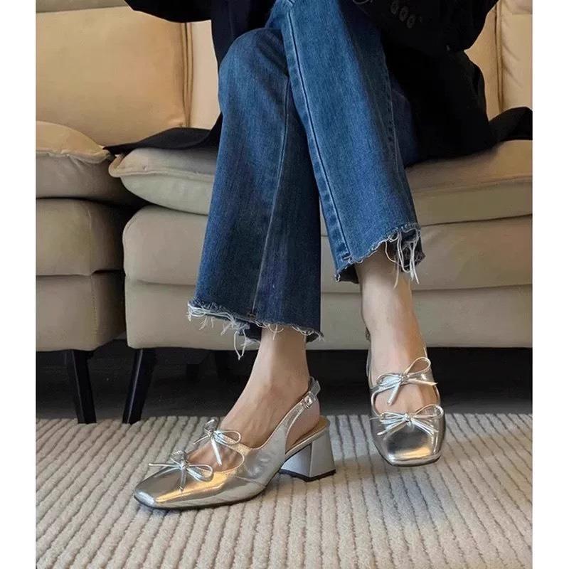 Женская летняя верхняя одежда новая мода высококлассный темперамент серебряный бант толстый каблук высокий каблук туфли-лодочки женские сандалии