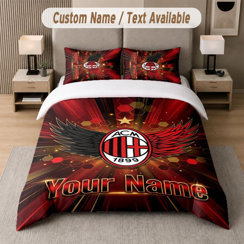 Custom Bedding Set AC Milan Pattern, Print Name Text 1 Duvet Cover plus 2 Pillowcases Home Textile