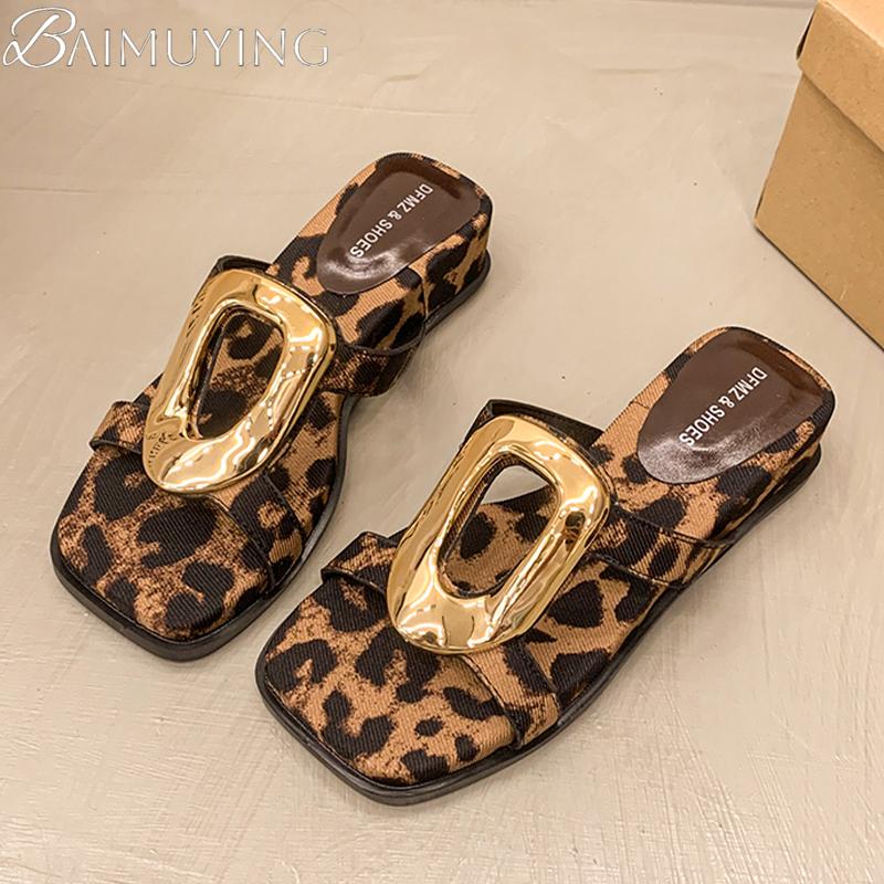 Fashion Leopard Women Square Toe Slippers Designer New Sandals 2025 Summer Shoes Fashion Open Toe Flip Flops Woman Slides Zapatos Mujer