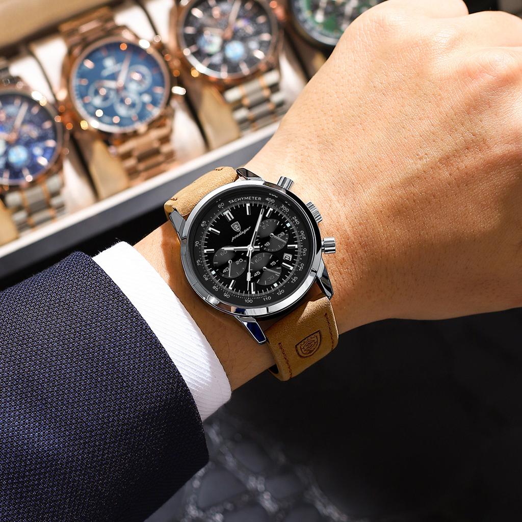 POEDAGAR Luxury Fashion Men's Wristwatch Luminous Waterproof Chronograph Men Clock Leather Military Quartz Watches For Man Reloj