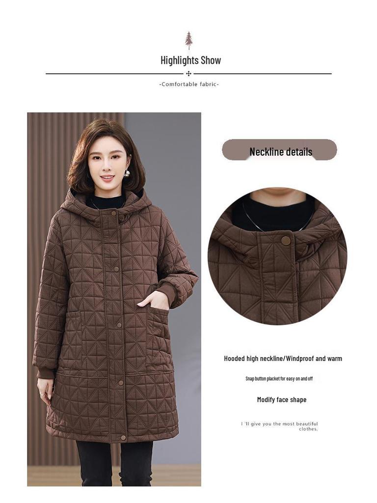 Women's Mid-Length Quilted Hooded Cotton Coat, 2024 Winter Plus Size Slimming Jacket for Middle-Aged Moms