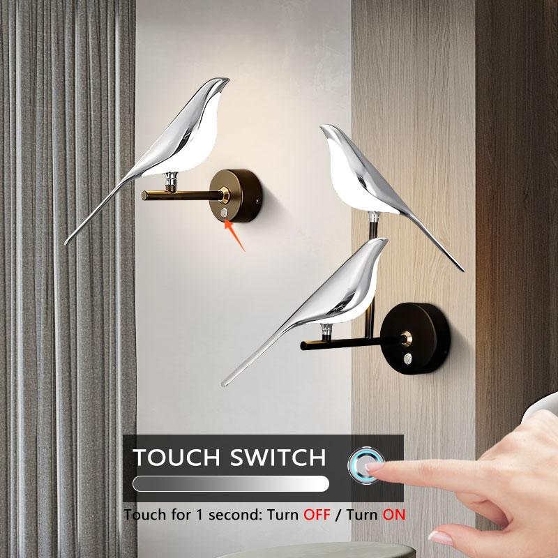 Touch Switch ON/OFF LED Wall Lamps for Bedside Bedroom Gold Silver Magpie Bird LED Wall Lights Wall Sconce for Corridor Aisle