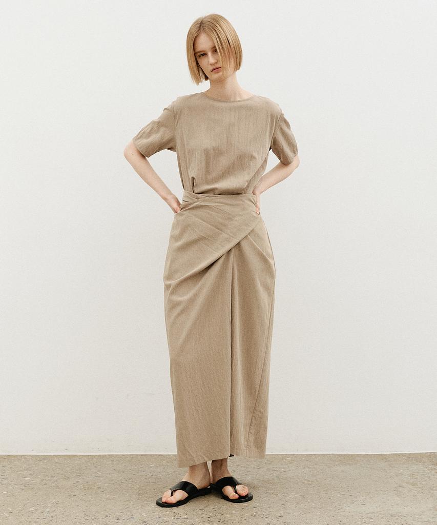 Artid Drape Short Sleeve Long Dress_Beige