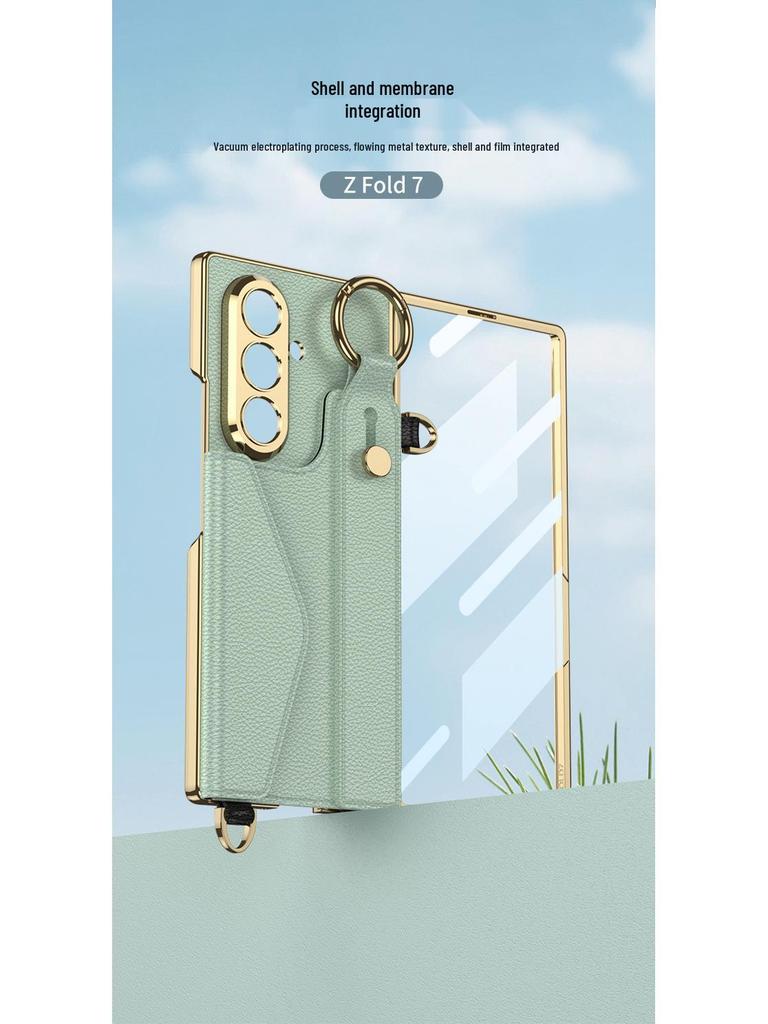 Samsung Z Fold7 Wristband Case: Fashionable Electroplated Leather with Card Holder and Lanyard