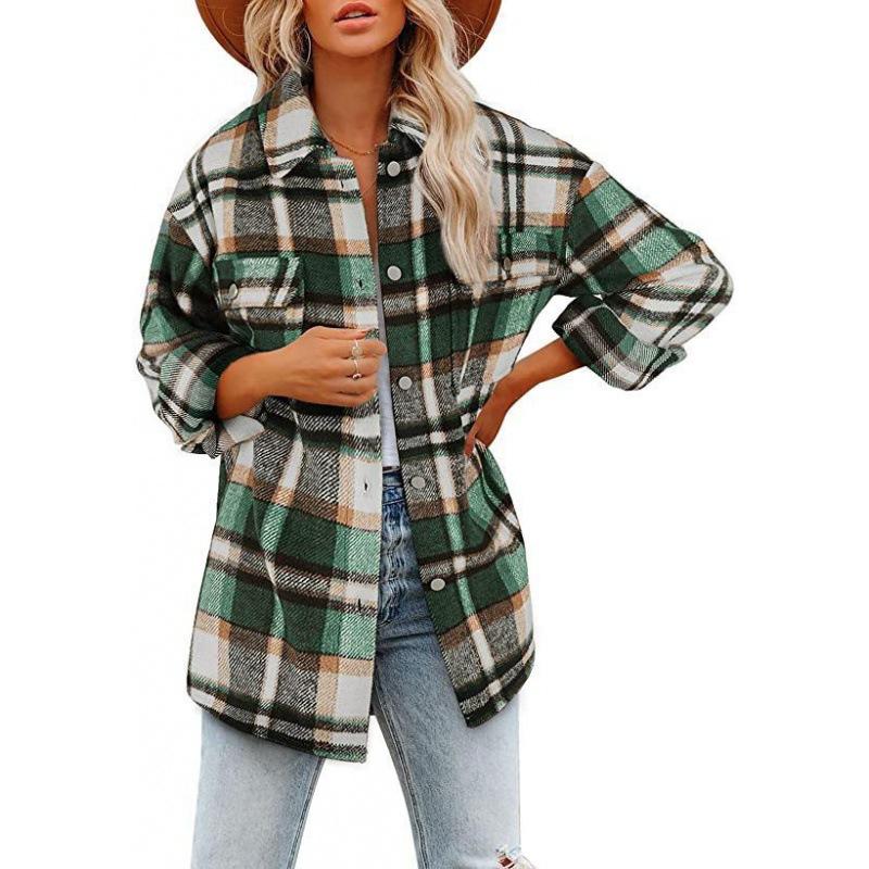 Spring and Autumn Women's Brushed Plaid Shirts Long Sleeve Flannel Lapel Button Down Pocketed Shacket Flannel Jacket Coats