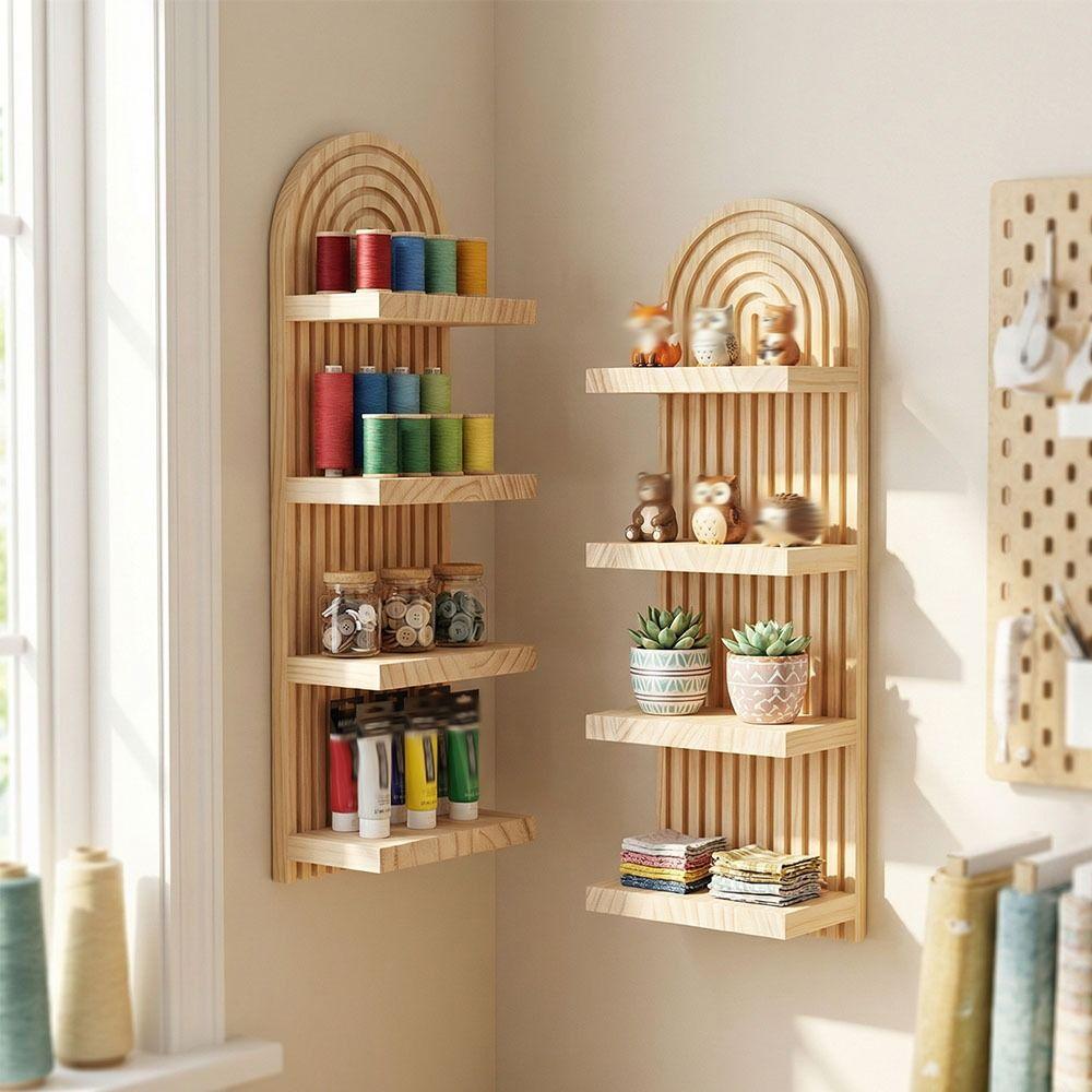 4-Tier Design Wooden Wall Shelves Minimalist Boho Style Rack Arched Floating Shelf  Home Decor