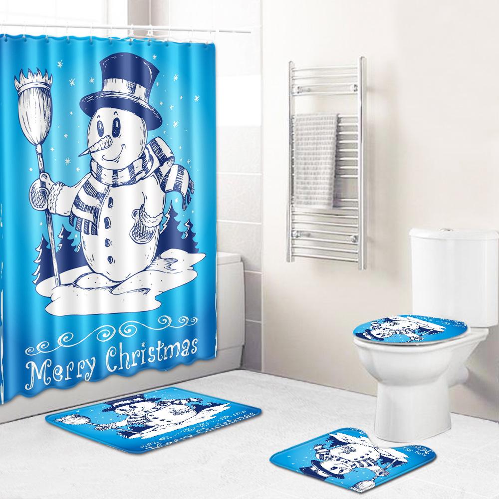 Christmas Home Shower Curtain Waterproof Polyester Cloth Toilet Floor Mat Four-Piece Set Entrance Door Mat Bedroom Living Room Carpet