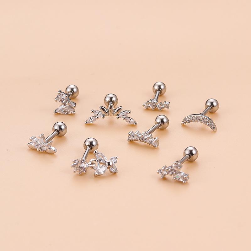 1Pc Moon Crown Cartilage Stud Earrings For Women Surgical Steel CZ Crystal Helix Tragus Conch Rook Ear Piercing Jewelry