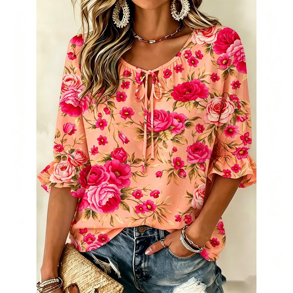 Women Rose Floral Print V Neck Tie 3/4 Ruffle Sleeve Blouse, Top for Office, Picnic and Daily Outing