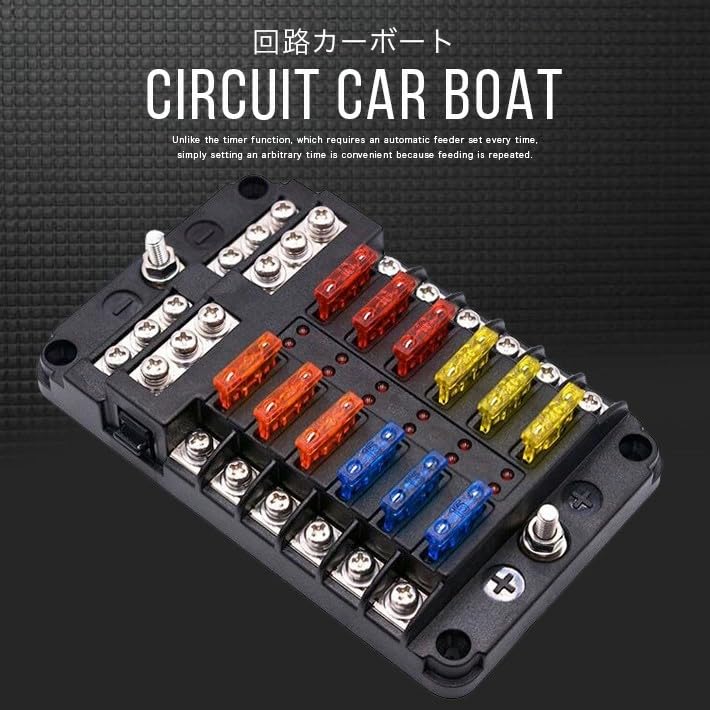 Car Boat Fuse Box Holder with Waterproof LED Warning Light ATO ATC Block Blade Fuses View Kit Stickers DC for Trikes 12-Way Kit, Fuses, 5A, 10A, 15A,