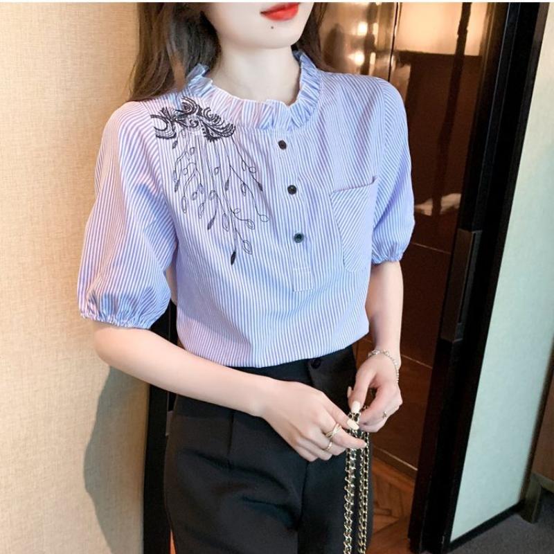 Синяя полосатая шифоновая рубашка с вышивкой, женская летняя новая блузка с воротником-стойкой и короткими рукавами, модный повседневный топ