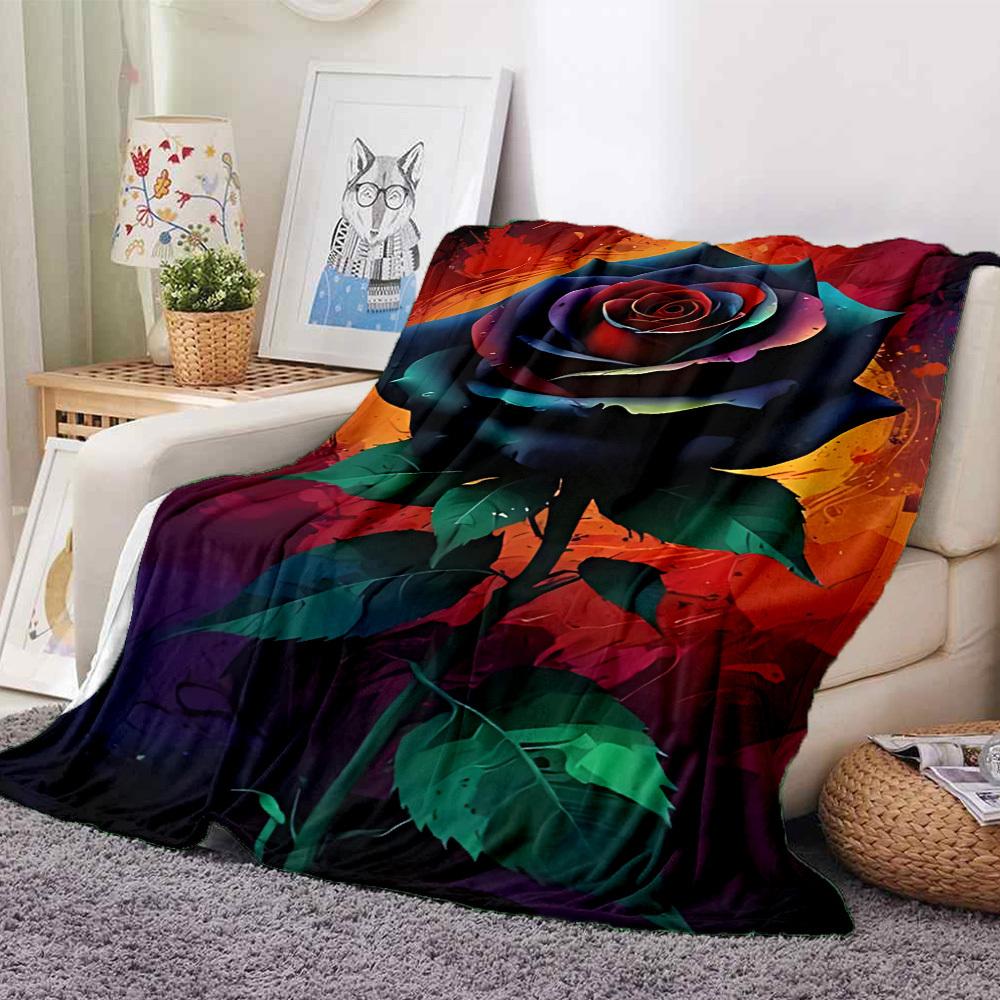 1pc Rainbow Rose Print Blanket - Lightweight Flannel Throw Blanket For Sofa, Bed, Living Room, Office, Outdoor Travel, Camping, Soft All-Season092