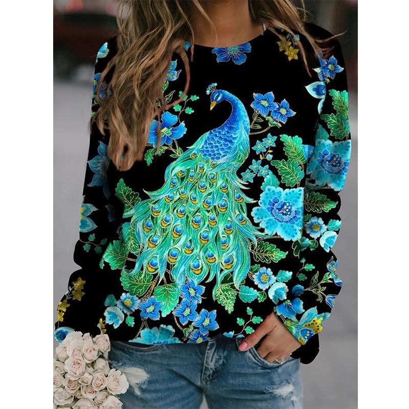 Spring And Autumn 3D Peacocks Printed Long Sleeve T Shirt Women Florals Pullover Harajuku Clothing Fashion Women Tops Sweatshirt