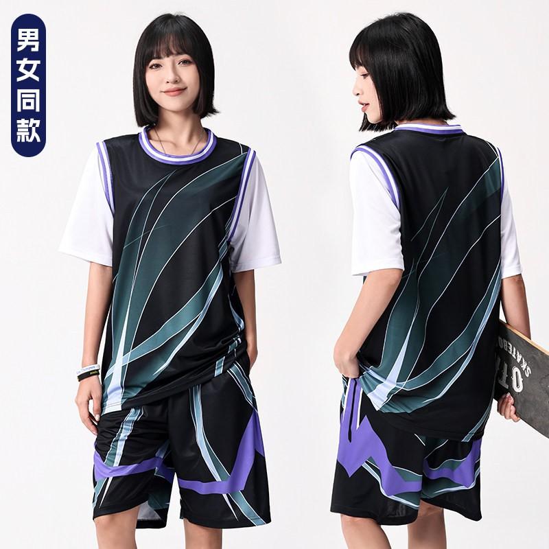 Womens Basketball Jersey Set Fake Two-Piece Short Sleeve Top Breathable Loose Fit Training Game Team Uniform