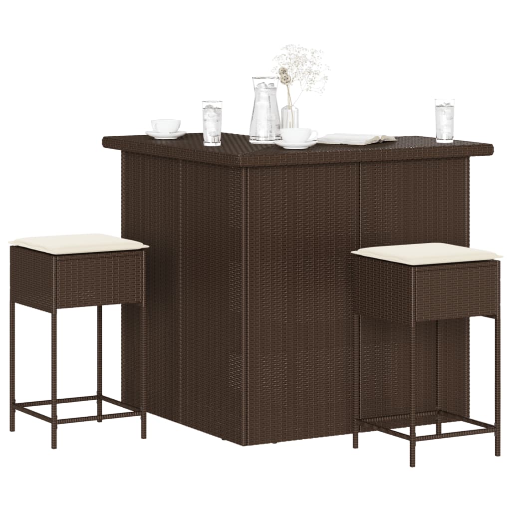 3 Piece Garden Bar Set with Cushions Brown Poly Rattan
