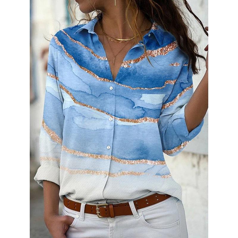 2024 new women's fashion lapel long-sleeved shirt 3d printed floral print casual shirt female versatile fashion