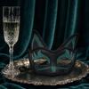 Unique Face Covering Cat Half Mask, Halloween Glitter Venetian Masquerade Exquisite Pattern Mask Rhinestone Ear for Party Costume Cosplay
