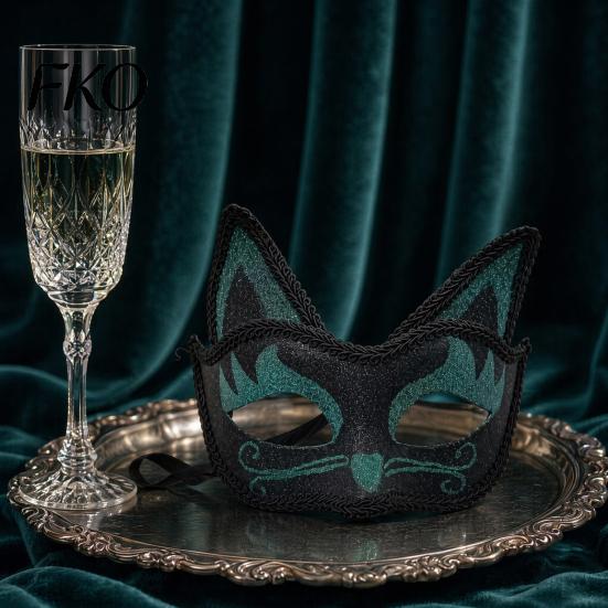 Unique Face Covering Cat Half Mask, Halloween Glitter Venetian Masquerade Exquisite Pattern Mask Rhinestone Ear for Party Costume Cosplay
