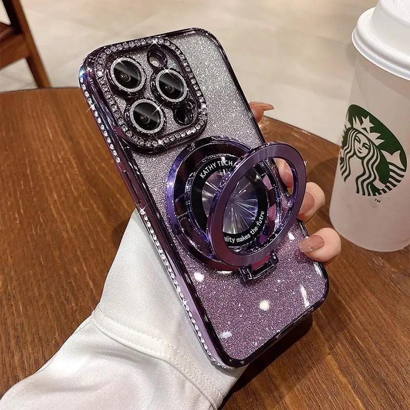 Applicable to Apple 17ProMAX mobile phone case electroplated CD pattern magnetic suction bracket IP16 gradual change rhinestone lens film protection