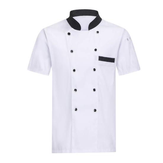 Stand Collar Short Sleeve Double Breasted Patch Pocket Splicing Color Chef Uniform Women Men Service Bakery Breathable Chef Shirt Work Clothing
