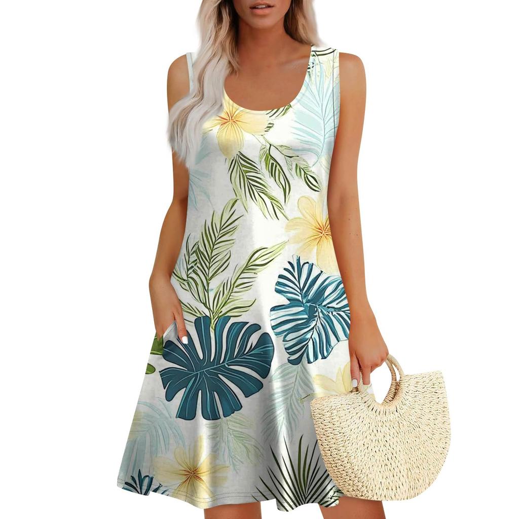 Women's Summer Casual Square Neck Floral Print Sleeveless Dress With Pockets