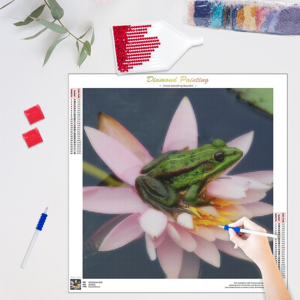 DIY алмазная живопись, вышивка, лягушка, набор горный хрусталь, лотос, полный круглый алмаз, животное, украшение для дома 40x40 см/16x16 дюймов
