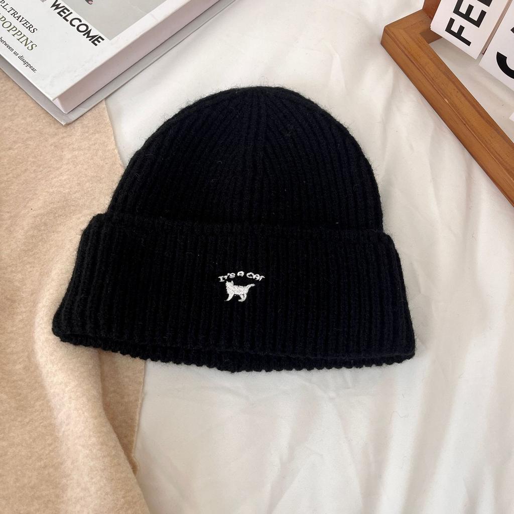 Шапка женская осенне-зимняя универсальная вышитая шапка с изображением котенка большая голова маленькая вязаная шапка модная теплая шерстяная холодная шапка