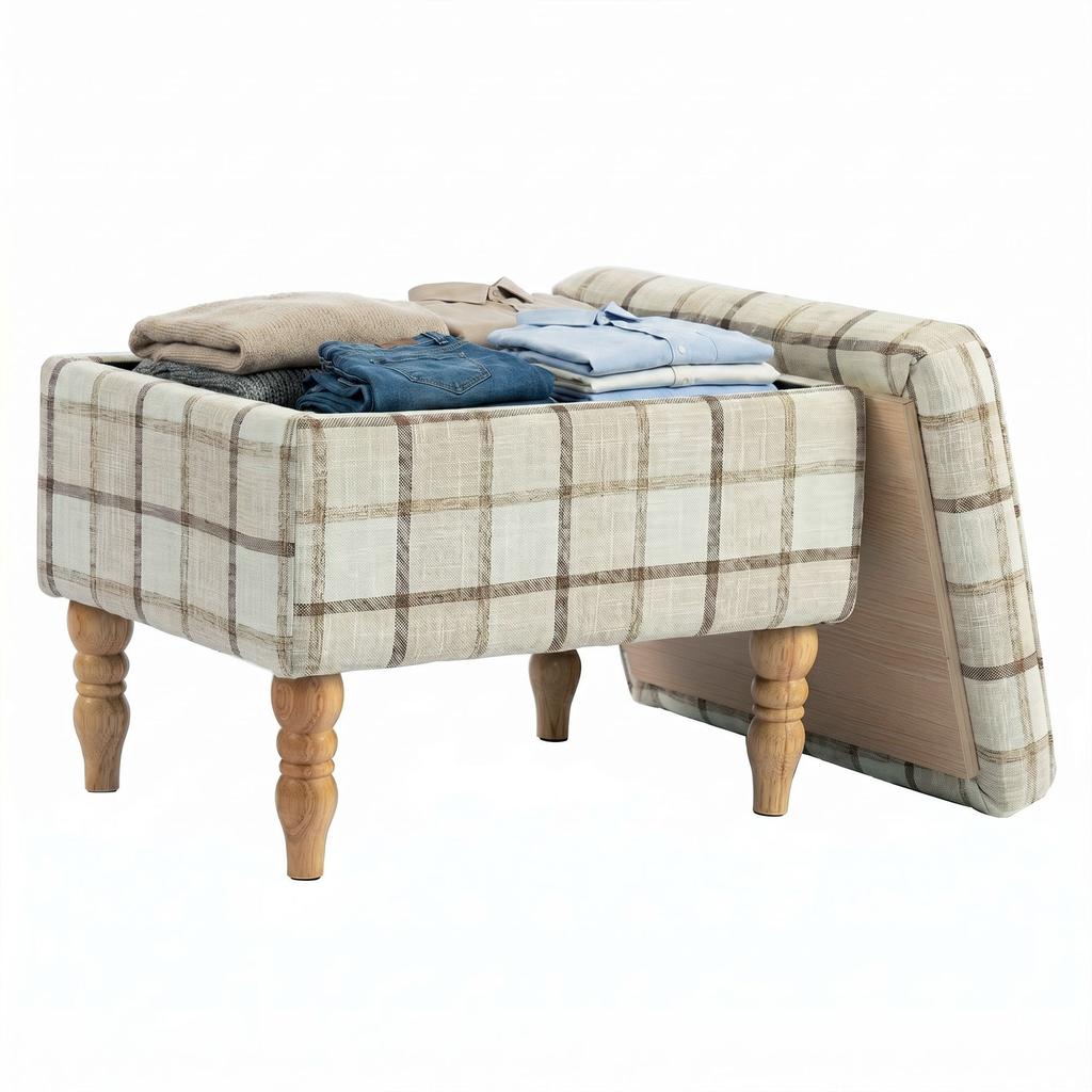 Linen Fabric Upholstered Footstool Rectangular Storage Stool With Removable Top Padded Seat And Hidden Space Brown