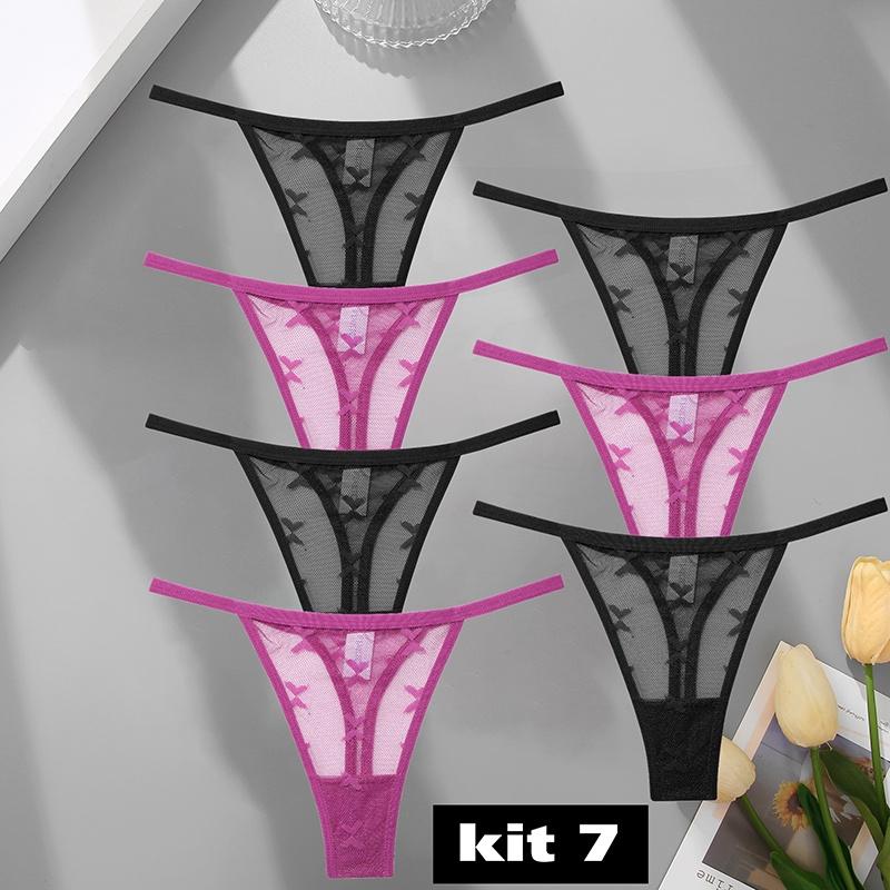 Комплект из 7 кружевных трусиков-стрингов, женские трусики-стринги с цветочным принтом, S-XL, женское нижнее белье для девочек, прозрачное нижнее белье