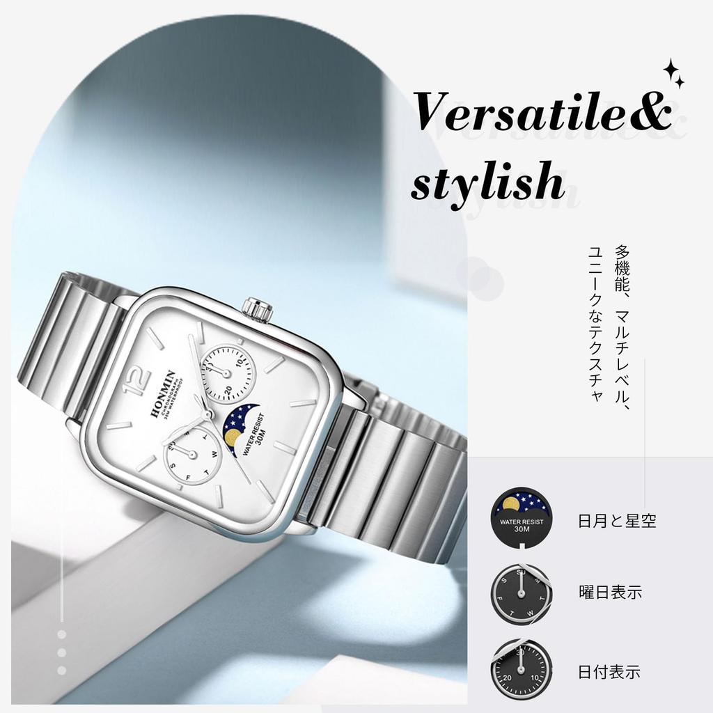 RORIOS Квадратные аналоговые часы с и Звездная дата и День недели Часы из нержавеющей стали Популярные для и Работа Белые Мужские Солнце, Луна, Дисплей, Дисплей,