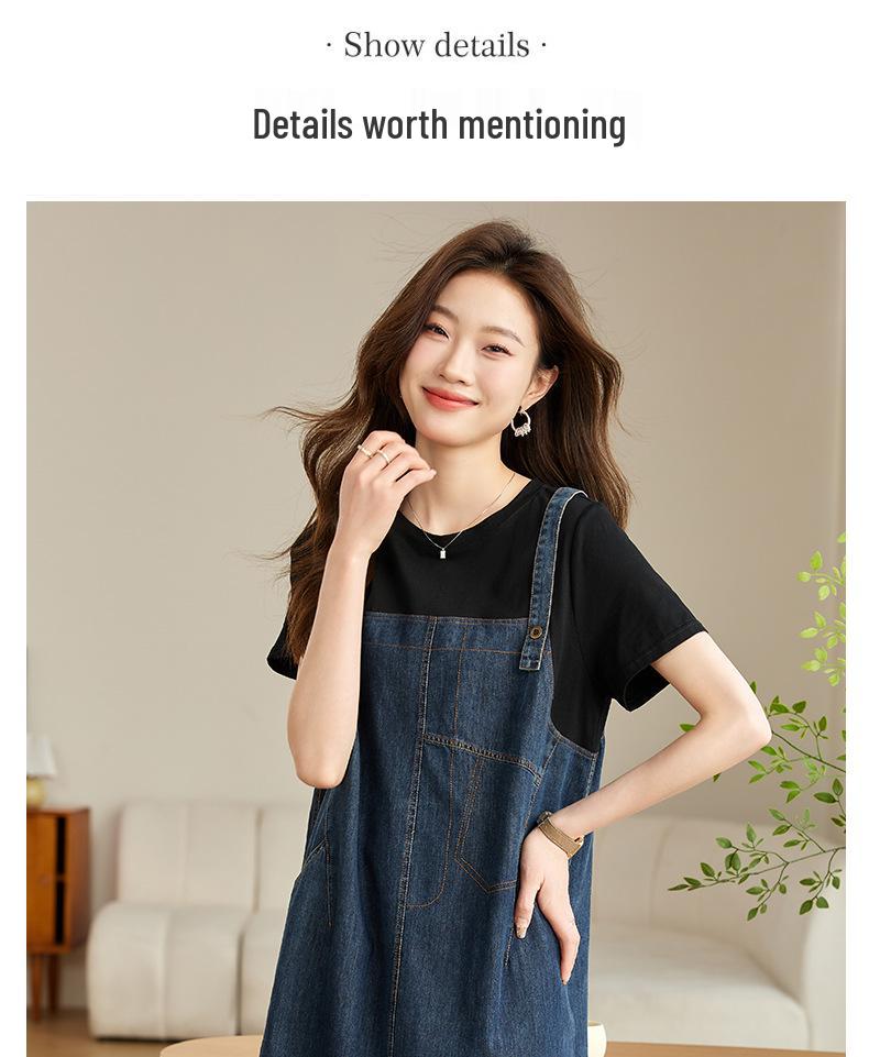 Женское повседневное джинсовое платье из двух частей в стиле пэчворк - 2025 лето, большие размеры, шикарный стиль для мам среднего возраста