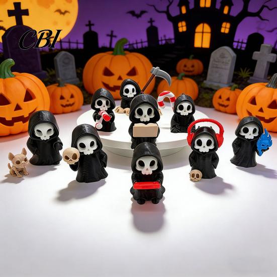 PLA Material Toys 9Pcs Grim Reaper Figurines, Cool Skull Skeleton Statues, Gothic Dark Halloween Home Decor Accessories Decoration for Bedroom