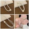 Rhinestone Multi-layer Necklace Baroque Style Camellia Clavicle Chain Pearl Flower Necklace  Girls