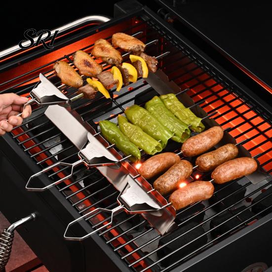 Long Stainless Steel Skewers 3-Prong BBQ Set Grill with Push Slider Family Bar Dishwasher Safe Three-Prong Kabob Sticks for Meat Veggies Shrimp
