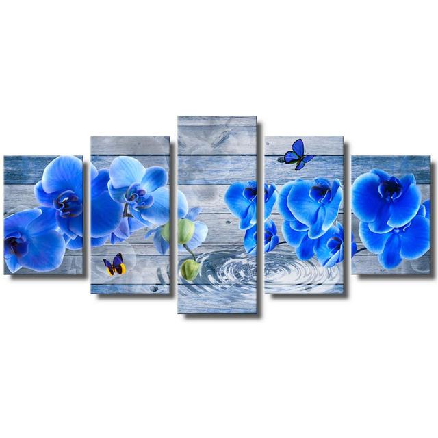 Без рамы, 5 панелей, синий цветок, орхидея, цветочный современный холст, HD печать, постеры, настенные художественные картины для гостиной, домашний декор