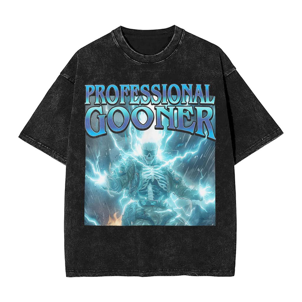 Professional Gooner Lightnings Skeleton Meme T Shirt Washed Short Sleeve Oversize Tshirt Men Women Streetwear Graphic Tops Tees